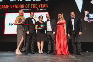 SiGMA Malta Gaming Awards 2019 Game Vendor of the year, Pragmatic Play, Jessica Walker, Michel Glansberg, Melissa Summerfield, hostess, Luca Galli, Jon Thompson