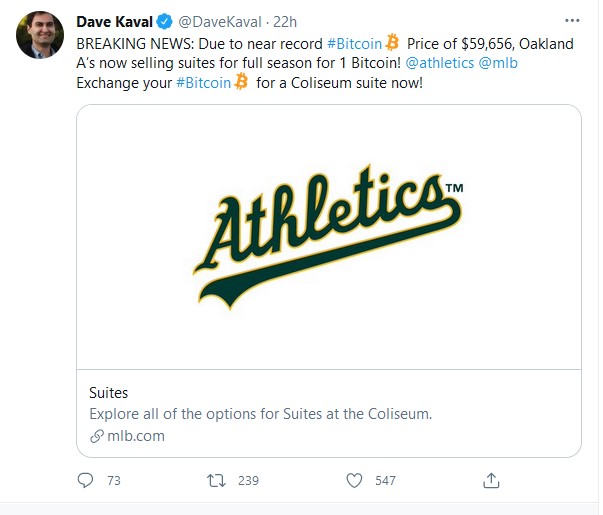 Oakland Athletics accept bitcoin payments for 2021 season - AIBC News